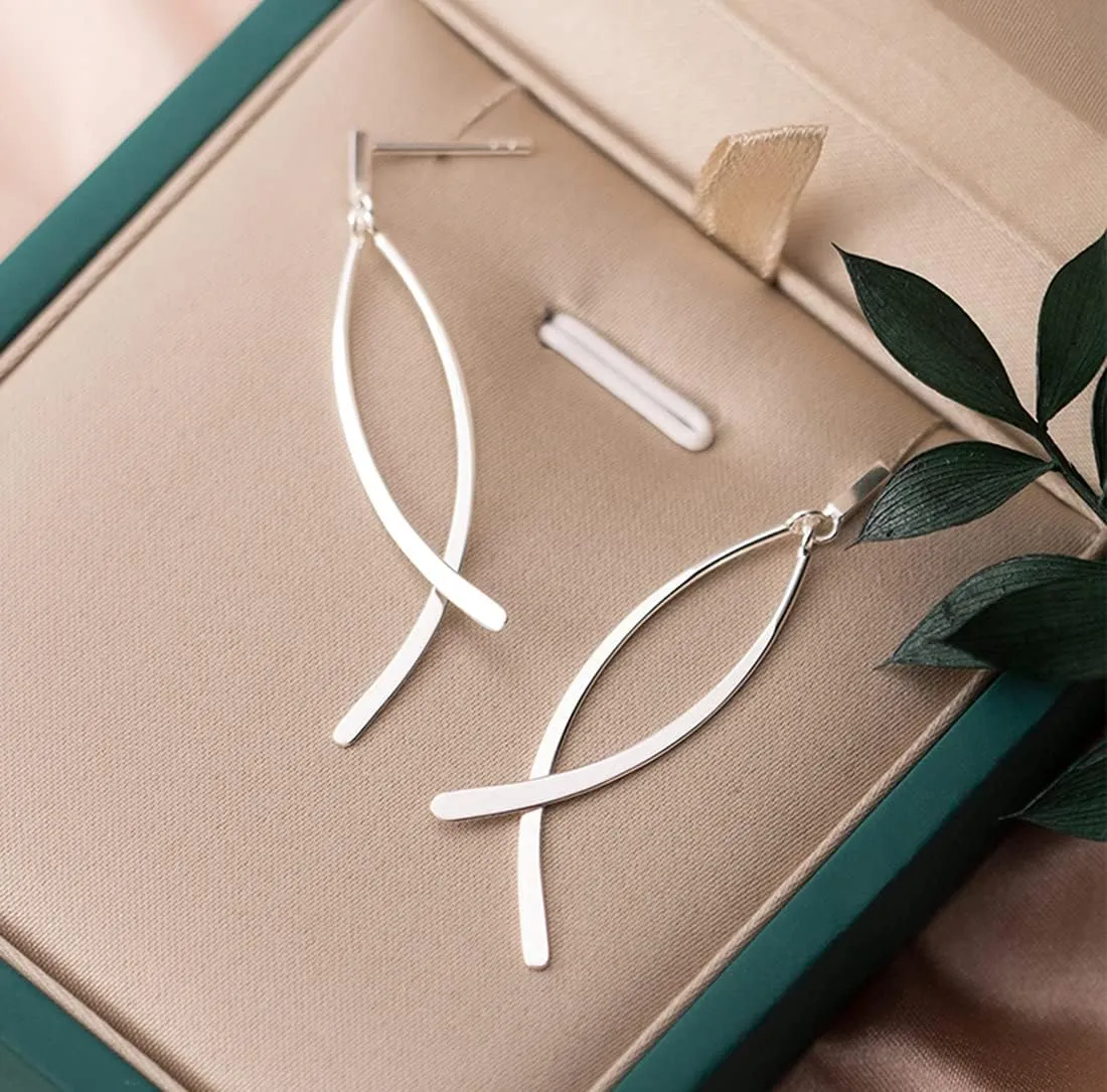 SLUYNZ Solid 925 Sterling Silver Shiny Bar Dangle Earrings for Women Teens Flat Bar Dangle Earrings Curve Line Earrings