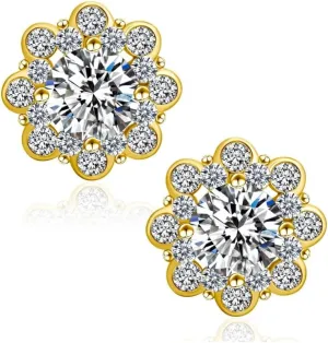 Small Brilliant 925 Sterling Silver 14K Yellow Gold Plated Flower Cluster Round Halo Unisex Iced Cz Hip Hop Hypoallergenic Men's Women's Circle Screw Back Cubic Zirconia Stud Earrings