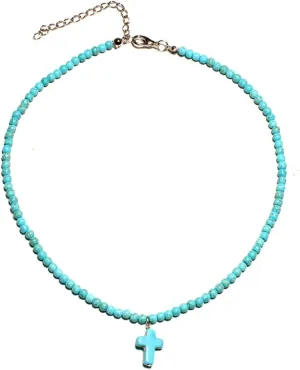 Small Dainty Cross Necklace Pendant Bohemian Turquoise Seed Bead Beaded Necklace Choker for Women Men Faith Jewelry Gift