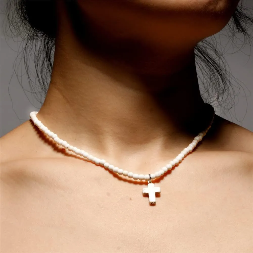 Small Dainty Cross Necklace Pendant Bohemian Turquoise Seed Bead Beaded Necklace Choker for Women Men Faith Jewelry Gift