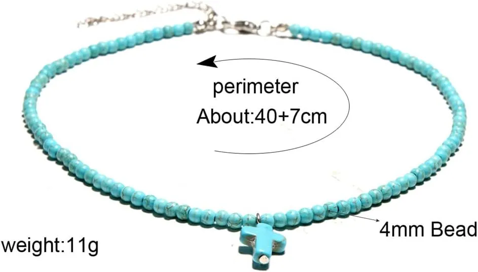 Small Dainty Cross Necklace Pendant Bohemian Turquoise Seed Bead Beaded Necklace Choker for Women Men Faith Jewelry Gift