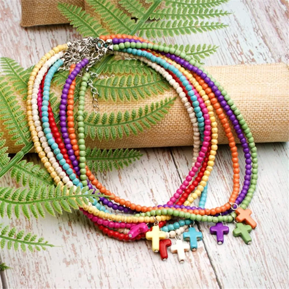 Small Dainty Cross Necklace Pendant Bohemian Turquoise Seed Bead Beaded Necklace Choker for Women Men Faith Jewelry Gift