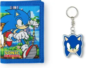 Sonic The Hedgehog Boys Wallet | Blue Trifold Wallet with Sonic and Tails Graphic Print for Kids | Childrens Cash & Card Holder with Sonic Head Keychain | Classic Video Game Merchandise Gift