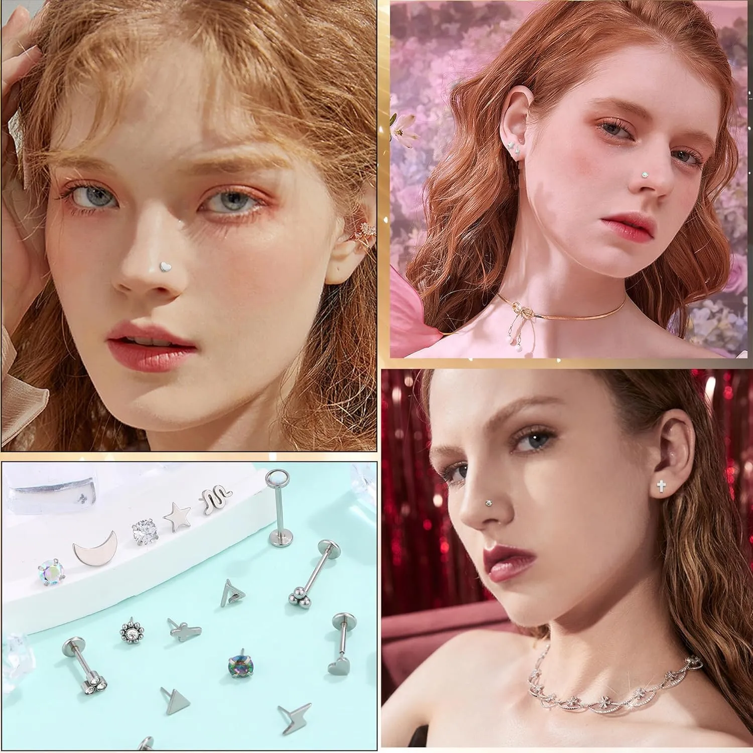 SONNYX 18K Gold/Sliver Plated Threadless Nose Rings Studs for Women Men 316L Surgical Steel Push in Flat Back Earrings Hypoallergenic CZ Lip Labret Nose Studs Cartilage Helix Nostril Tragus Piercing Jewelry 16G 18G