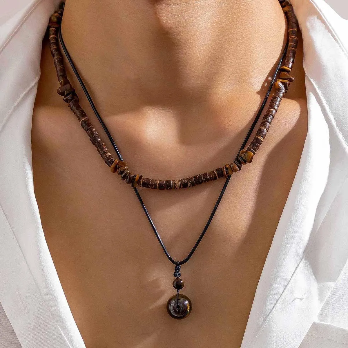 Sora Tuki Puka Shell Necklace for Men and Women - Surfer Brown Coconut Shell Beads, Seashell Conch Beach Heishi Summer Jewelry