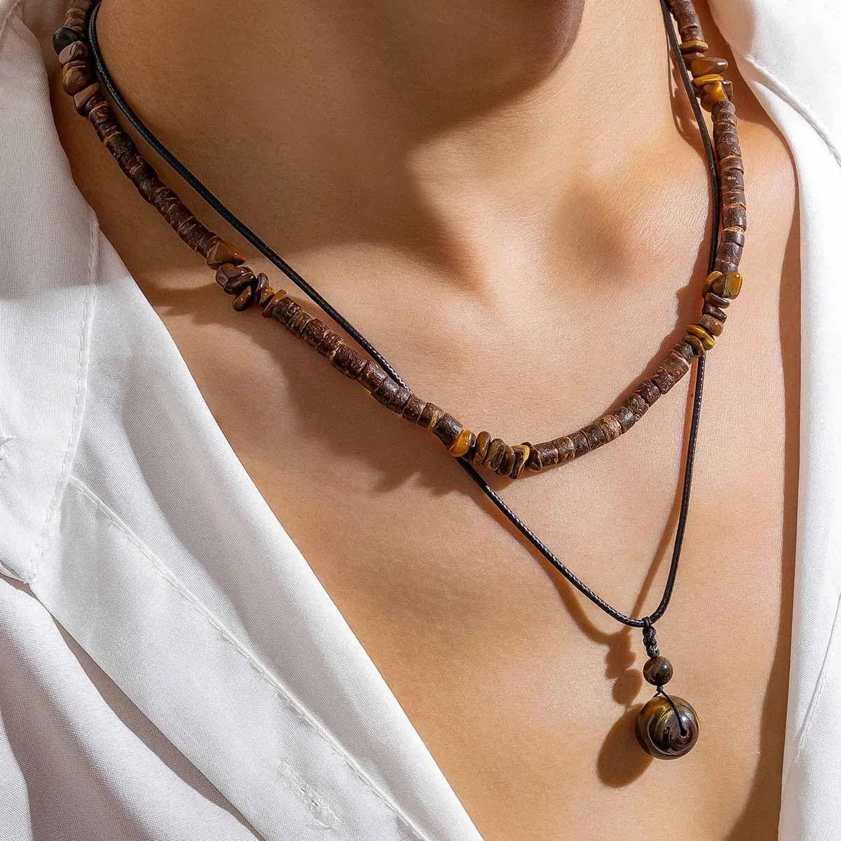 Sora Tuki Puka Shell Necklace for Men and Women - Surfer Brown Coconut Shell Beads, Seashell Conch Beach Heishi Summer Jewelry