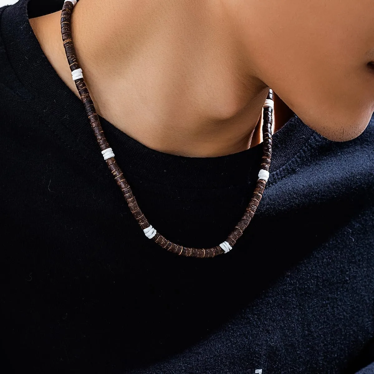 Sora Tuki Puka Shell Necklace for Men and Women - Surfer Brown Coconut Shell Beads, Seashell Conch Beach Heishi Summer Jewelry