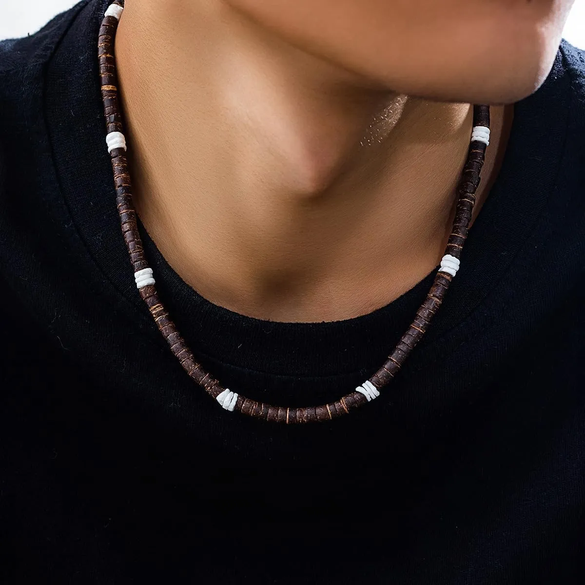 Sora Tuki Puka Shell Necklace for Men and Women - Surfer Brown Coconut Shell Beads, Seashell Conch Beach Heishi Summer Jewelry