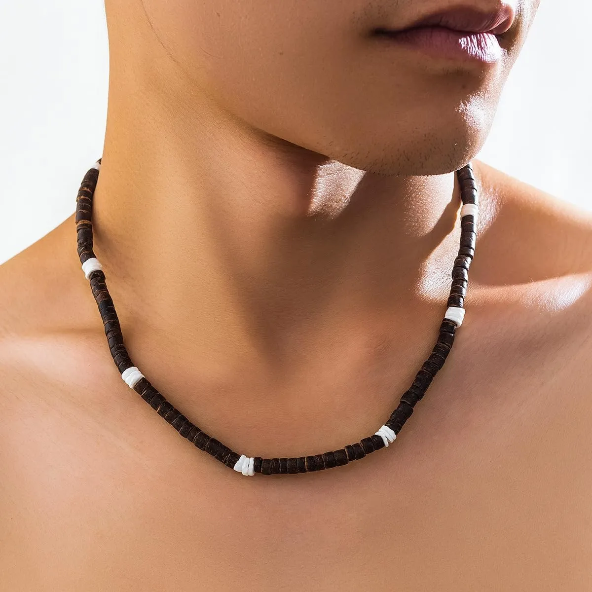 Sora Tuki Puka Shell Necklace for Men and Women - Surfer Brown Coconut Shell Beads, Seashell Conch Beach Heishi Summer Jewelry