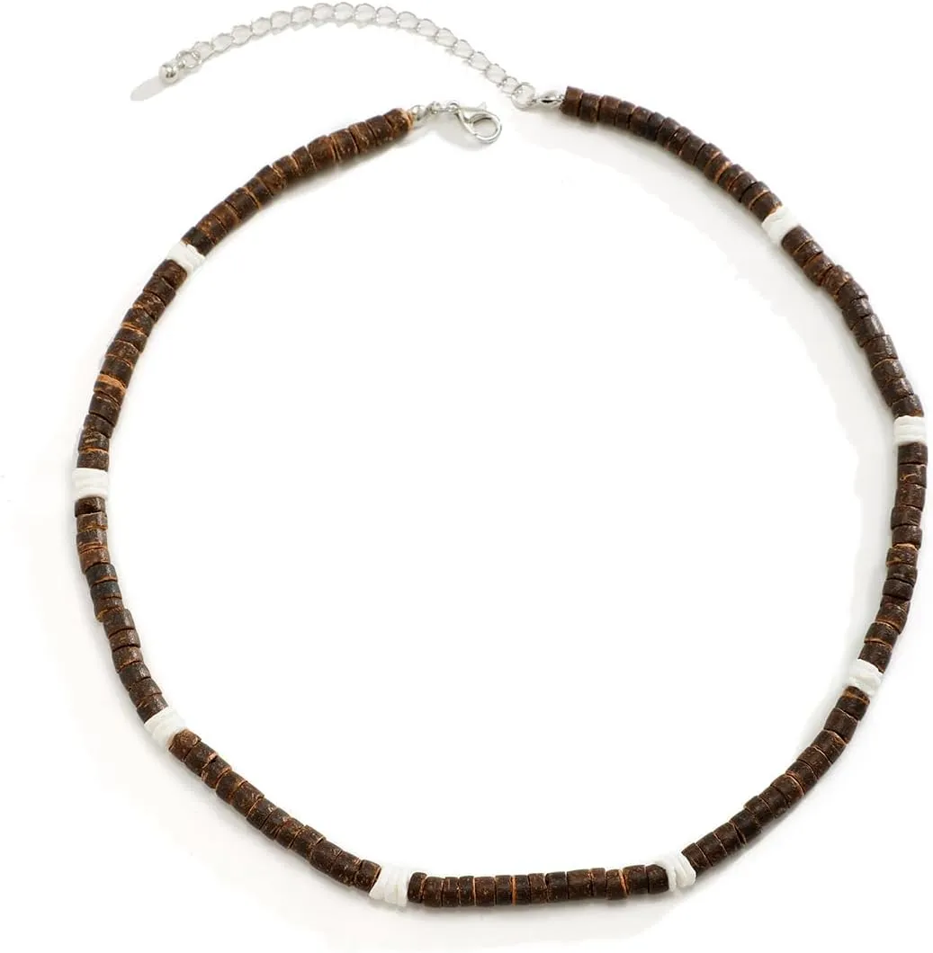 Sora Tuki Puka Shell Necklace for Men and Women - Surfer Brown Coconut Shell Beads, Seashell Conch Beach Heishi Summer Jewelry