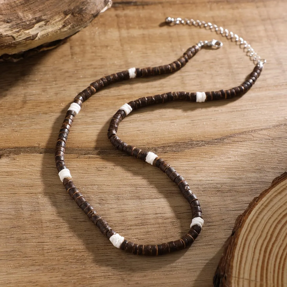 Sora Tuki Puka Shell Necklace for Men and Women - Surfer Brown Coconut Shell Beads, Seashell Conch Beach Heishi Summer Jewelry
