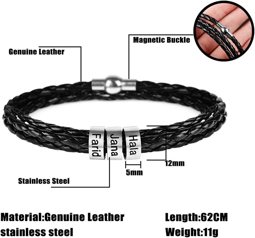 soulglass Personalized Stainless Steel Charm Bracelets Genuine Leather Braided Rope Men Bracelet Custom with 1-7 Names Beads Jewelry Gift