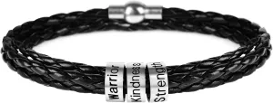 soulglass Personalized Stainless Steel Charm Bracelets Genuine Leather Braided Rope Men Bracelet Custom with 1-7 Names Beads Jewelry Gift