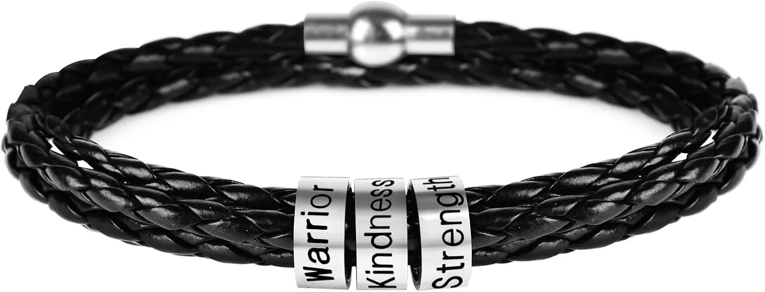 soulglass Personalized Stainless Steel Charm Bracelets Genuine Leather Braided Rope Men Bracelet Custom with 1-7 Names Beads Jewelry Gift