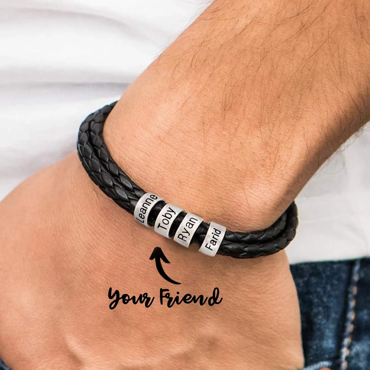 soulglass Personalized Stainless Steel Charm Bracelets Genuine Leather Braided Rope Men Bracelet Custom with 1-7 Names Beads Jewelry Gift