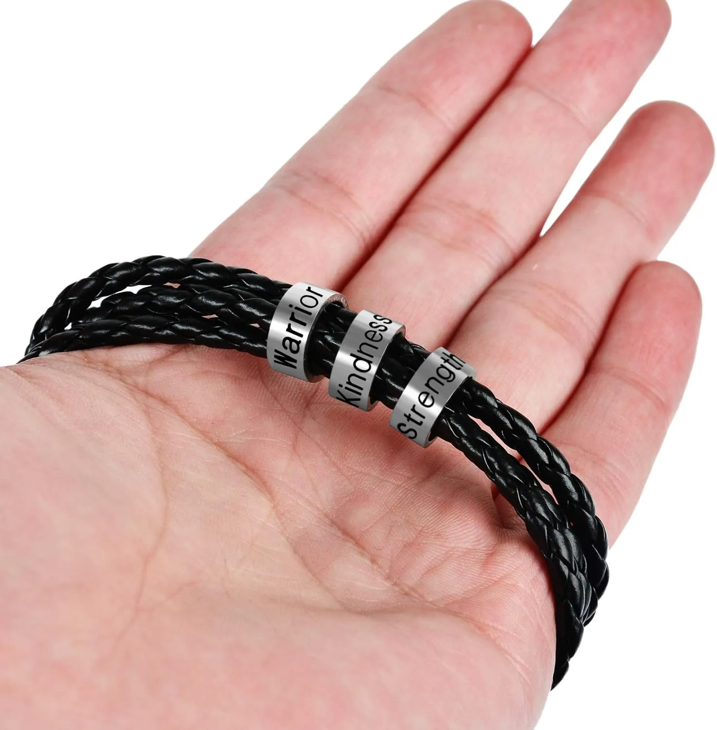 soulglass Personalized Stainless Steel Charm Bracelets Genuine Leather Braided Rope Men Bracelet Custom with 1-7 Names Beads Jewelry Gift