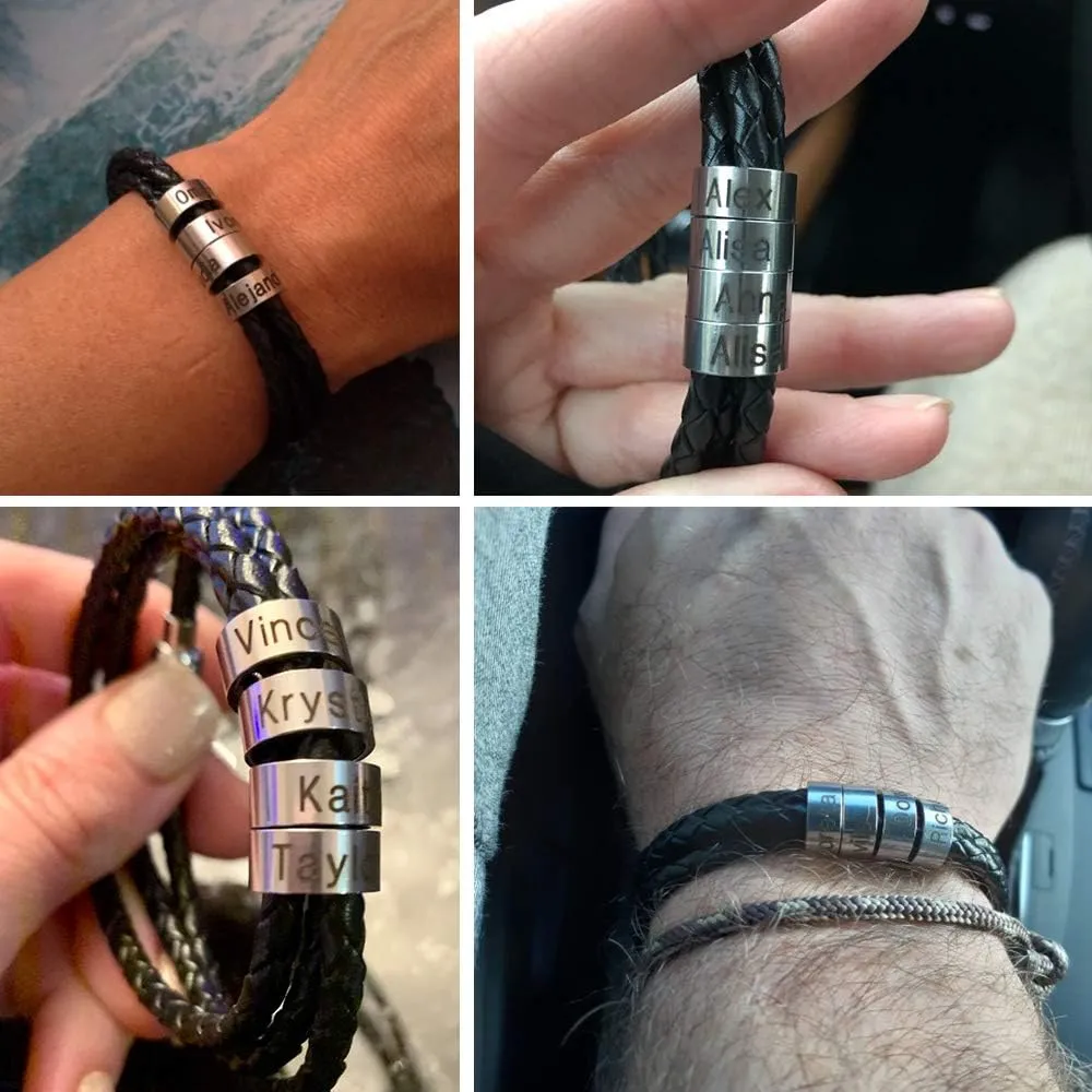 soulglass Personalized Stainless Steel Charm Bracelets Genuine Leather Braided Rope Men Bracelet Custom with 1-7 Names Beads Jewelry Gift