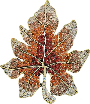 Splendid Brown Crystal Autumn Leaf Brooch Pin - Antique Gold Tone Fall Season Jewelry - Nature-Inspired Statement Piece with Deep Orange and Clear White Crystals