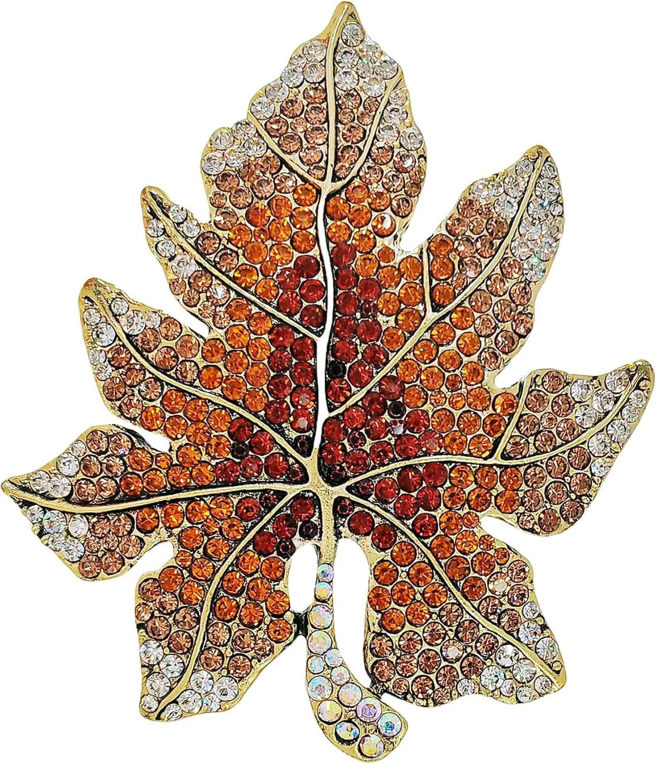 Splendid Brown Crystal Autumn Leaf Brooch Pin - Antique Gold Tone Fall Season Jewelry - Nature-Inspired Statement Piece with Deep Orange and Clear White Crystals