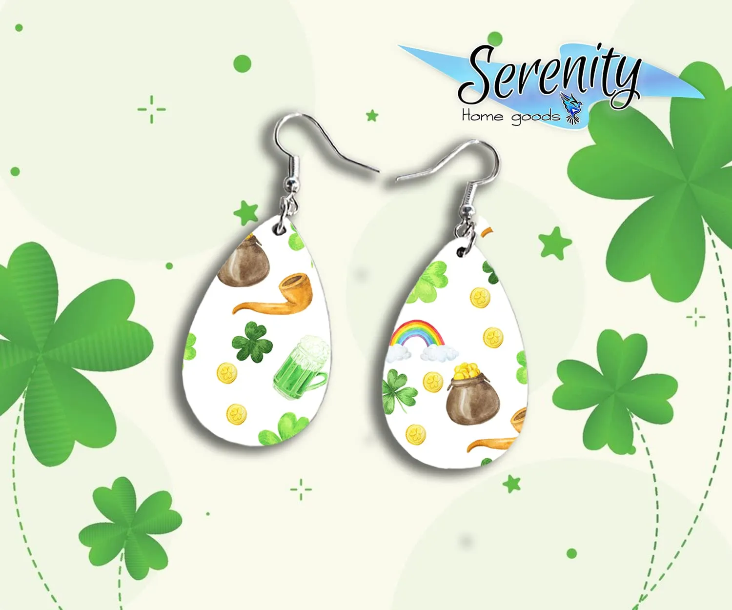 St Paddys Day Dangle Earrings Set | Cute Girls Womens Jewelry Earings | Double Sided Print | Holiday Gifts | Saint Patricks Day Decorations Girlfriend Wife Adorable Fashion Accessories decor
