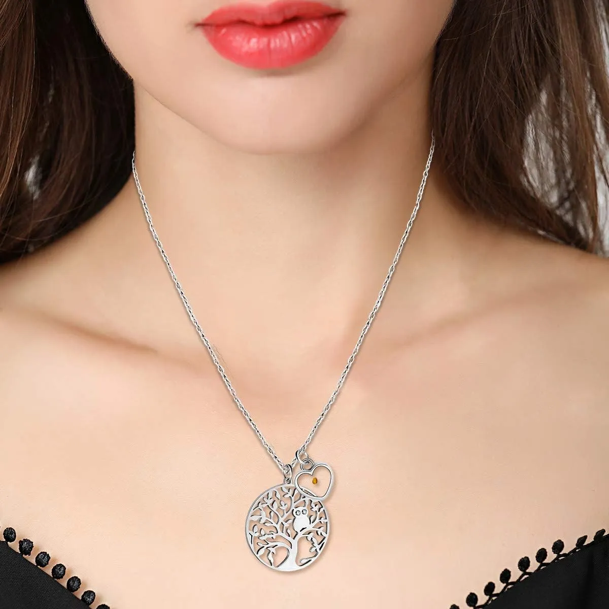 Stainless Steel Owl Life of Tree Necklace, Charms Mustard Seed Heart Pendant, with Tree Card