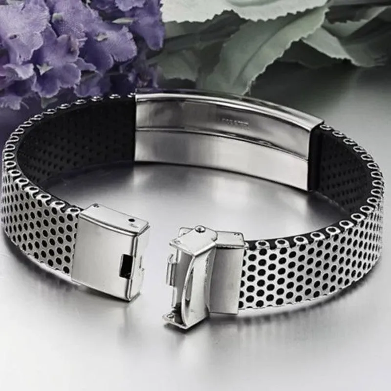 Stainless Steel with Black Leather Bracelet