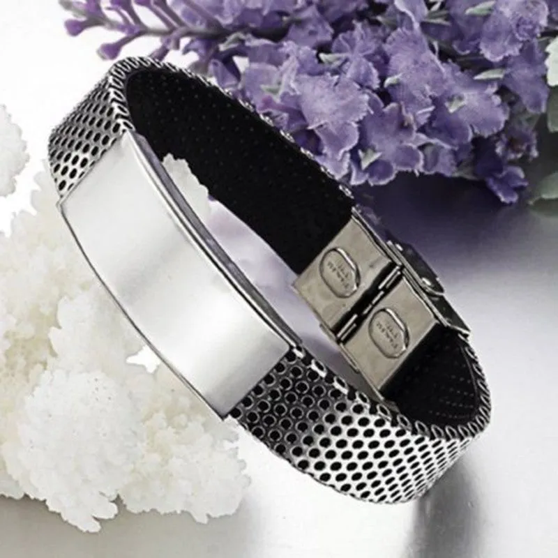 Stainless Steel with Black Leather Bracelet