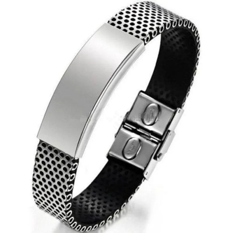Stainless Steel with Black Leather Bracelet