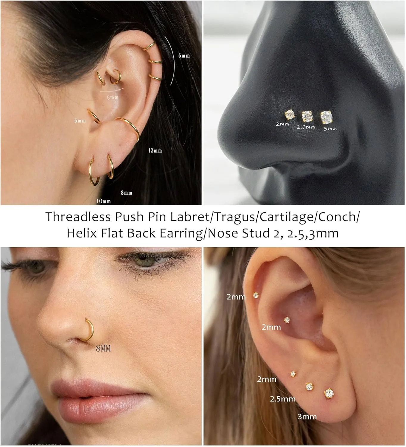 Staligue 18G/20G Threadless Nose Studs,316L Surgical Steel Push in Nose Rings Studs CZ Tragus Conch Helix piercing jewelry Flat Back Earrings Lip Labret Gold Nose Studs Monroe Medusa Piercing Jewelry