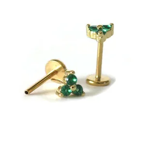 Sterling Silver 18 Gauge Threadless Push Pin Labret Emerald Green Trinity Cartilage Tragus Conch Stud Earring Handmade in USA (One Pair Real 18K Gold Plated)