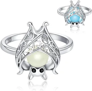 Sterling Silver Bat Ring Cute Animal Glowing in the Dark Halloween Jewelry Gift for Women