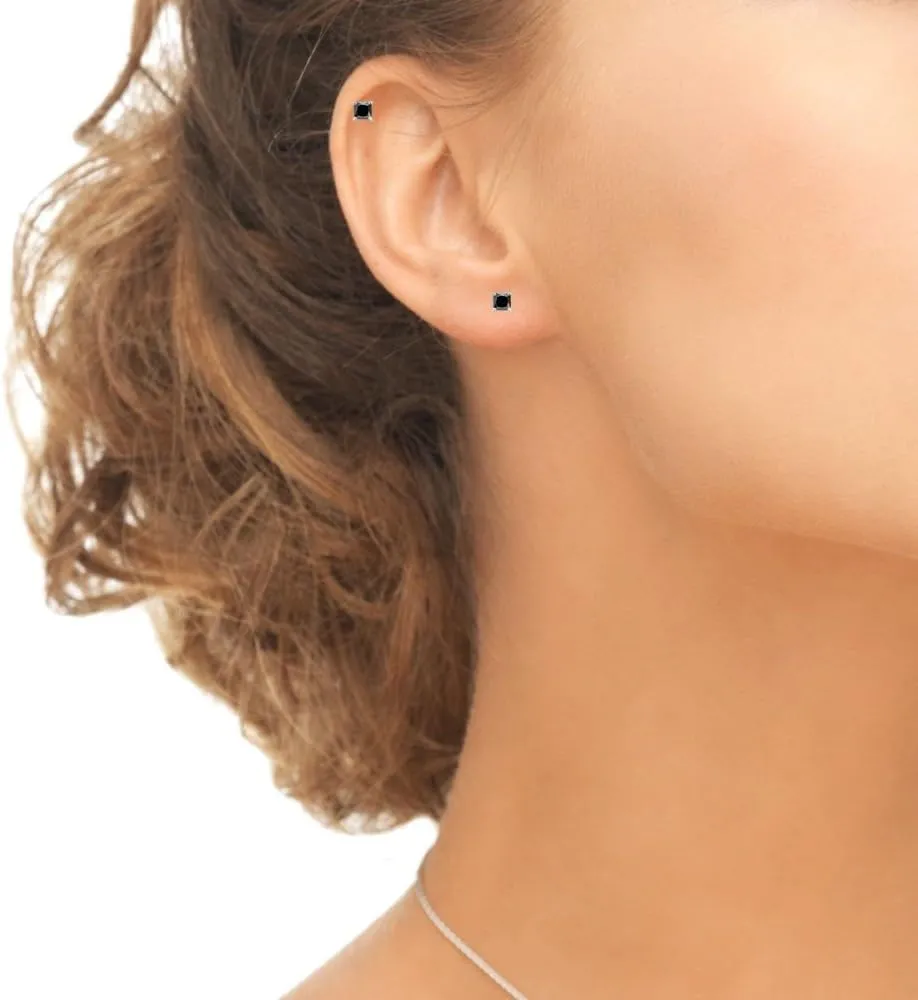 Sterling Silver Black Cubic Zirconia 2mm Princess-Cut Square Cartilage Tiny Stud Earrings for Women Men