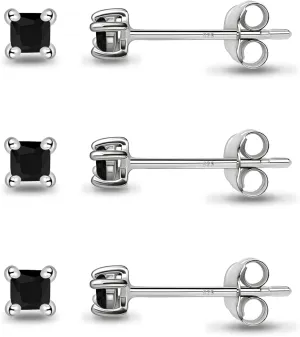 Sterling Silver Black Cubic Zirconia 2mm Princess-Cut Square Cartilage Tiny Stud Earrings for Women Men