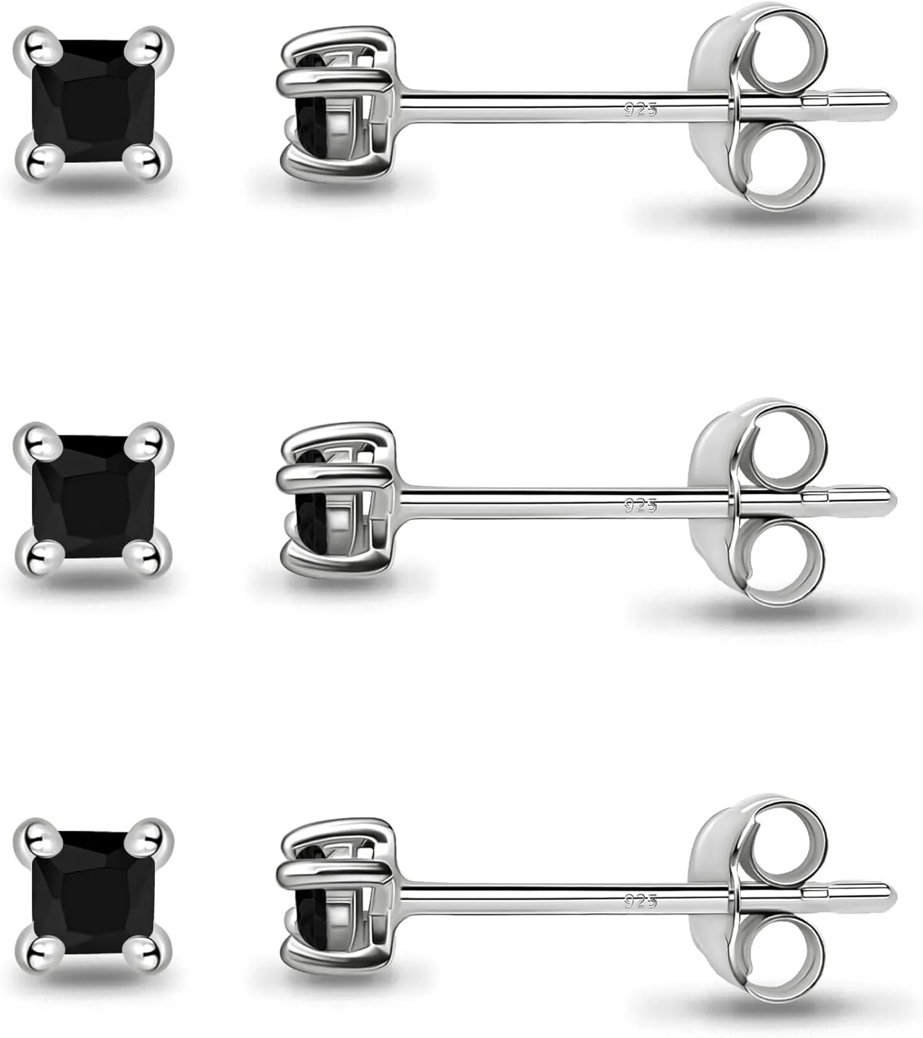 Sterling Silver Black Cubic Zirconia 2mm Princess-Cut Square Cartilage Tiny Stud Earrings for Women Men