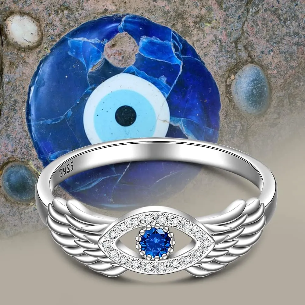 Sterling Silver Evil Eye Ring Feather Angel Wing Evil Eye Rings for Women Protection Greek Blue Turkish Nazar Jewelry