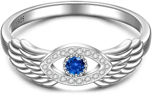 Sterling Silver Evil Eye Ring Feather Angel Wing Evil Eye Rings for Women Protection Greek Blue Turkish Nazar Jewelry