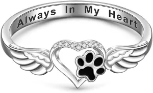 Sterling Silver Paw Print Ring for Women - Dog Cat Puppy Claw Pet Memorial Jewelry Gifts - Animal Prints on My Heart