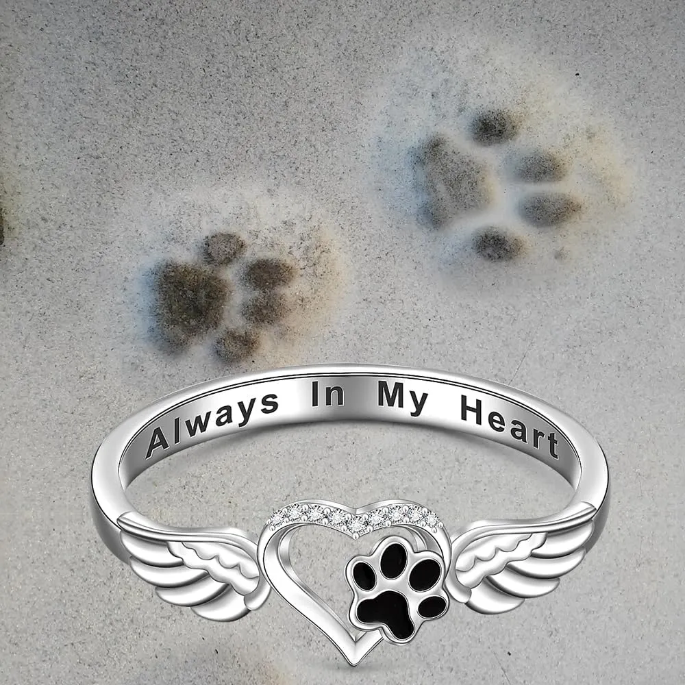Sterling Silver Paw Print Ring for Women - Dog Cat Puppy Claw Pet Memorial Jewelry Gifts - Animal Prints on My Heart