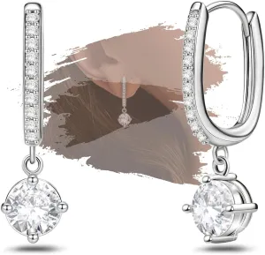 Sterling Silver U Hoop Earrings with Dangle Round for Women Trendy Hypoallergenic Cubic Zirconia U-Shaped Loop Earrings with Dangling Charm for Sensitive Ears Lightweight Fashion Jewelry Gifts for Her