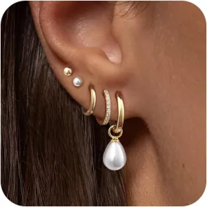 Stud Earrings Sets for Women Non Piercing - Small 14K Gold/Silver Plated CZ Thin Pearl Huggie Hoop Earring Hypoallergenic Dainty Ear Cuff Trendy Gifts