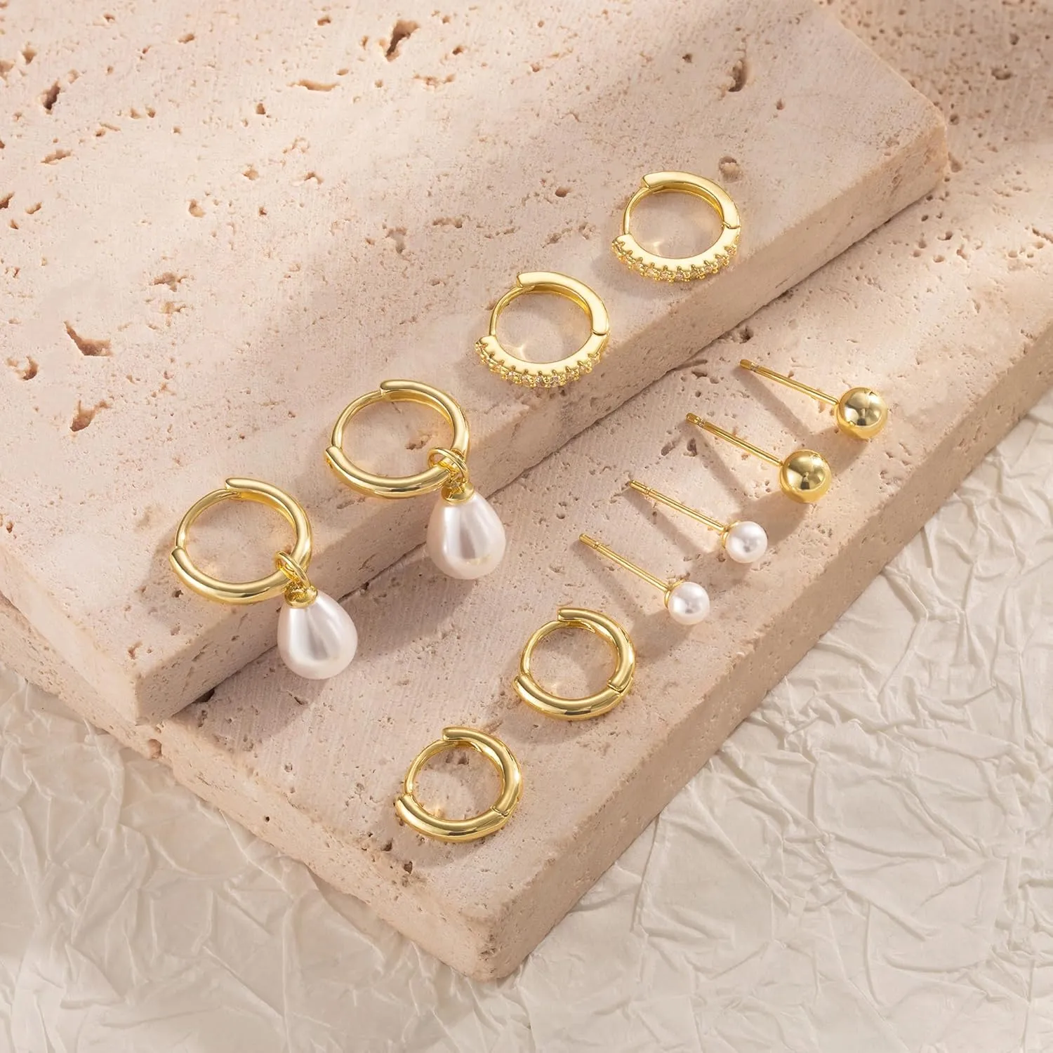 Stud Earrings Sets for Women Non Piercing - Small 14K Gold/Silver Plated CZ Thin Pearl Huggie Hoop Earring Hypoallergenic Dainty Ear Cuff Trendy Gifts