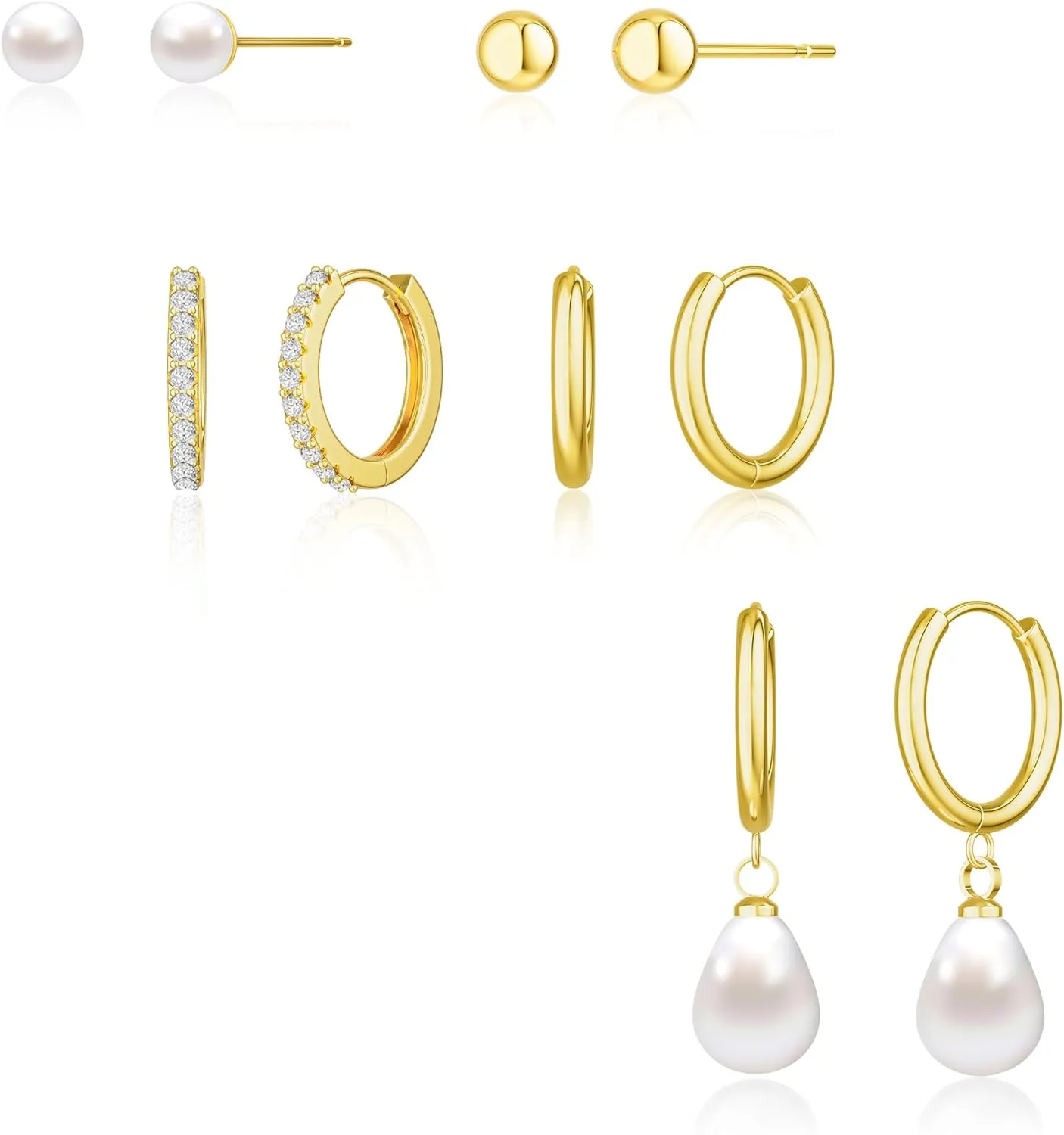 Stud Earrings Sets for Women Non Piercing - Small 14K Gold/Silver Plated CZ Thin Pearl Huggie Hoop Earring Hypoallergenic Dainty Ear Cuff Trendy Gifts