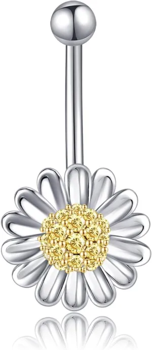Sunflower Daisy Belly Button Ring Dangle Hoop 925 Sterling Silver Hypoallergenic Belly Button Piercing Body Navel Rings Sexy Belly Button Jewelry Gifts for Women (14G)