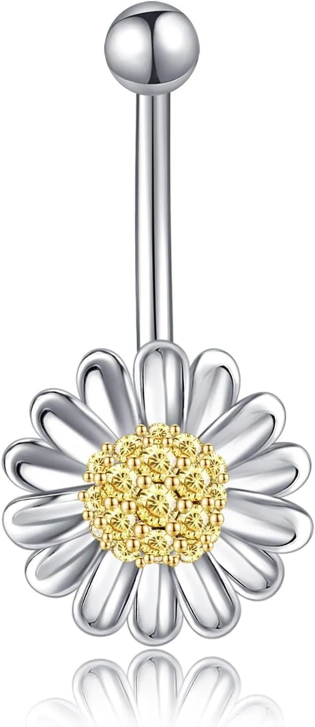 Sunflower Daisy Belly Button Ring Dangle Hoop 925 Sterling Silver Hypoallergenic Belly Button Piercing Body Navel Rings Sexy Belly Button Jewelry Gifts for Women (14G)