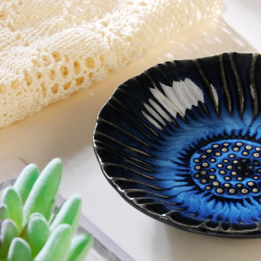Sunflower Ring Tray Cute Paper Clips Candy Dish Ashtray in Office, Decorative Trinket Jewelry Holder for Necklace Earrings Put On Bathroom/Kitchen Counters, Ceramic, Deep Blue.