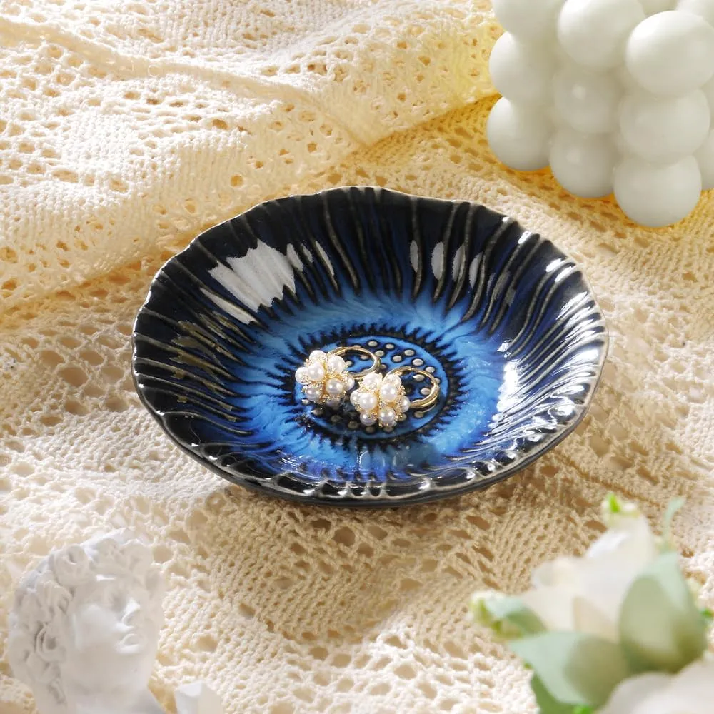 Sunflower Ring Tray Cute Paper Clips Candy Dish Ashtray in Office, Decorative Trinket Jewelry Holder for Necklace Earrings Put On Bathroom/Kitchen Counters, Ceramic, Deep Blue.