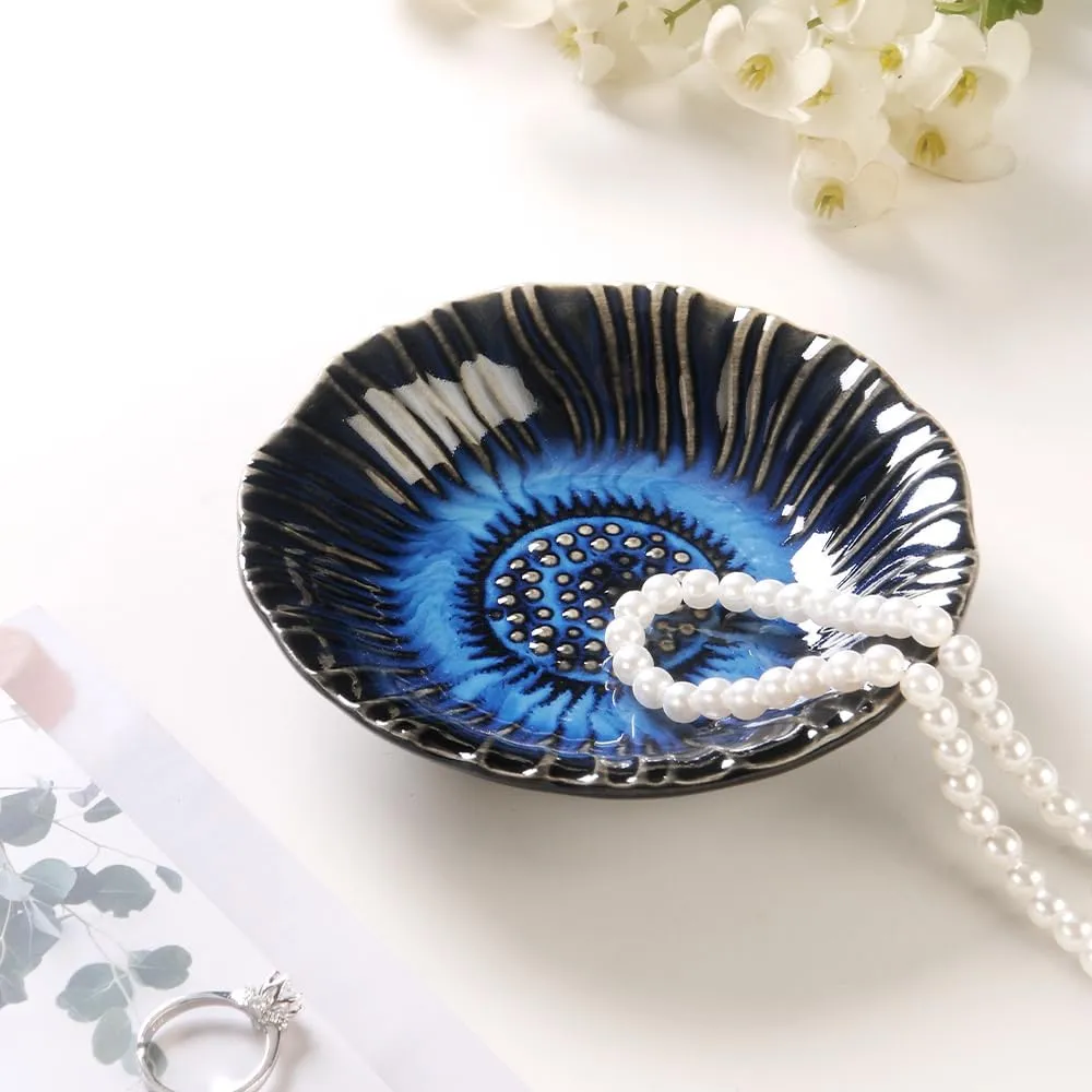 Sunflower Ring Tray Cute Paper Clips Candy Dish Ashtray in Office, Decorative Trinket Jewelry Holder for Necklace Earrings Put On Bathroom/Kitchen Counters, Ceramic, Deep Blue.