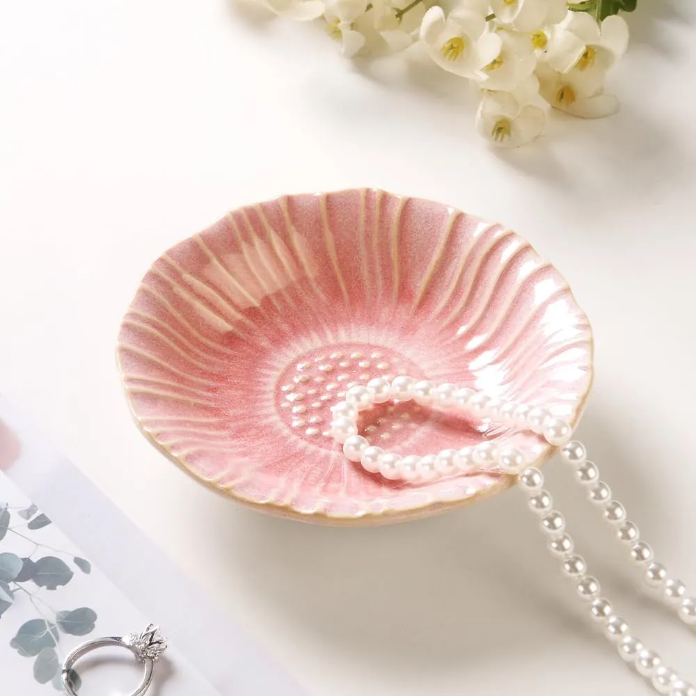 Sunflower Ring Tray Cute Paper Clips Candy Dish Ashtray in Office, Decorative Trinket Jewelry Holder for Necklace Earrings Put On Bathroom/Kitchen Counters, Ceramic, Pink.