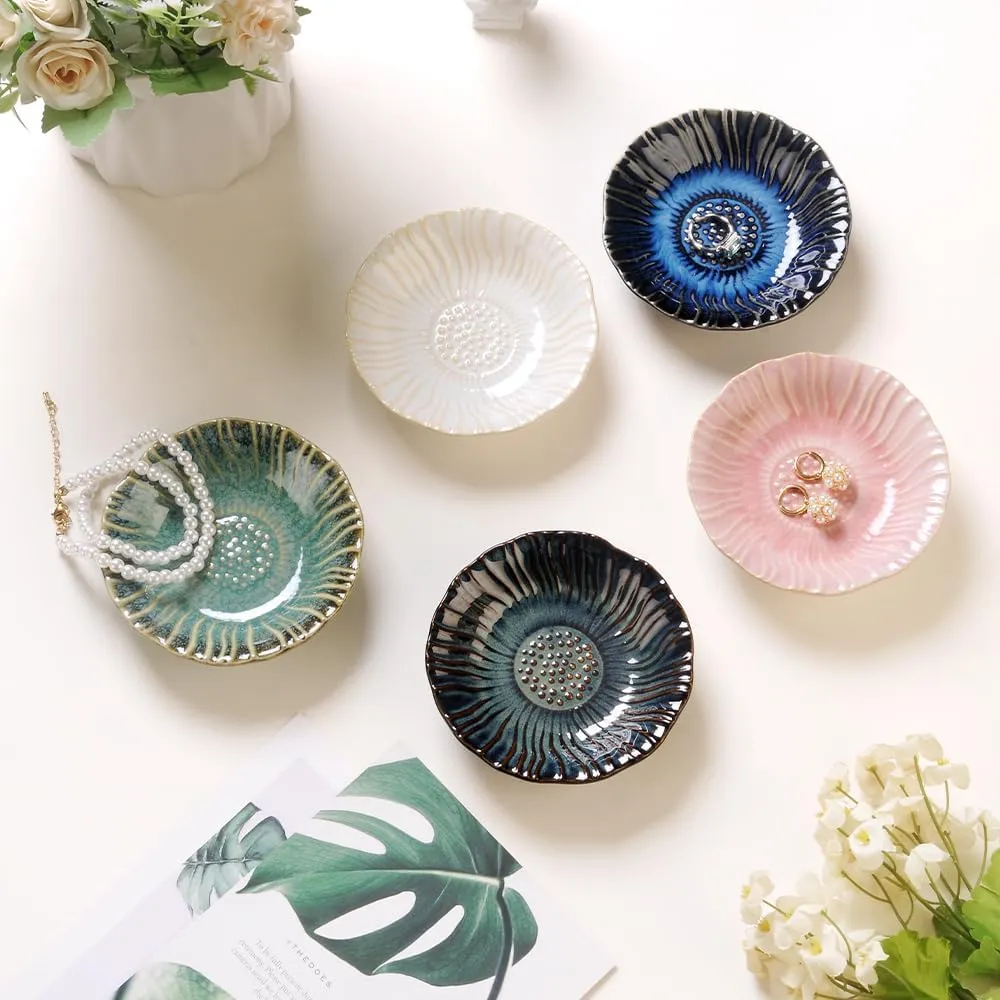 Sunflower Ring Tray Cute Paper Clips Candy Dish Ashtray in Office, Decorative Trinket Jewelry Holder for Necklace Earrings Put On Bathroom/Kitchen Counters, Ceramic, Pink.