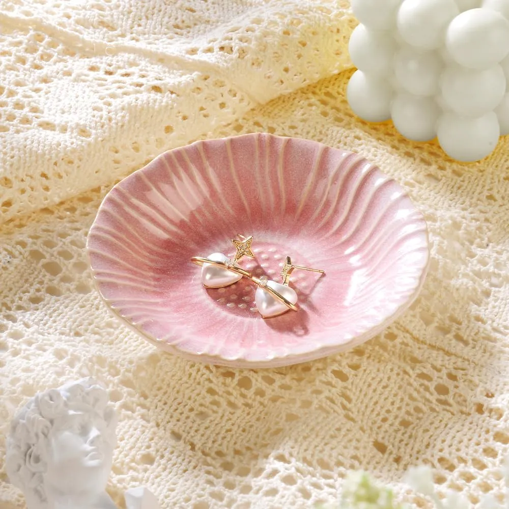 Sunflower Ring Tray Cute Paper Clips Candy Dish Ashtray in Office, Decorative Trinket Jewelry Holder for Necklace Earrings Put On Bathroom/Kitchen Counters, Ceramic, Pink.